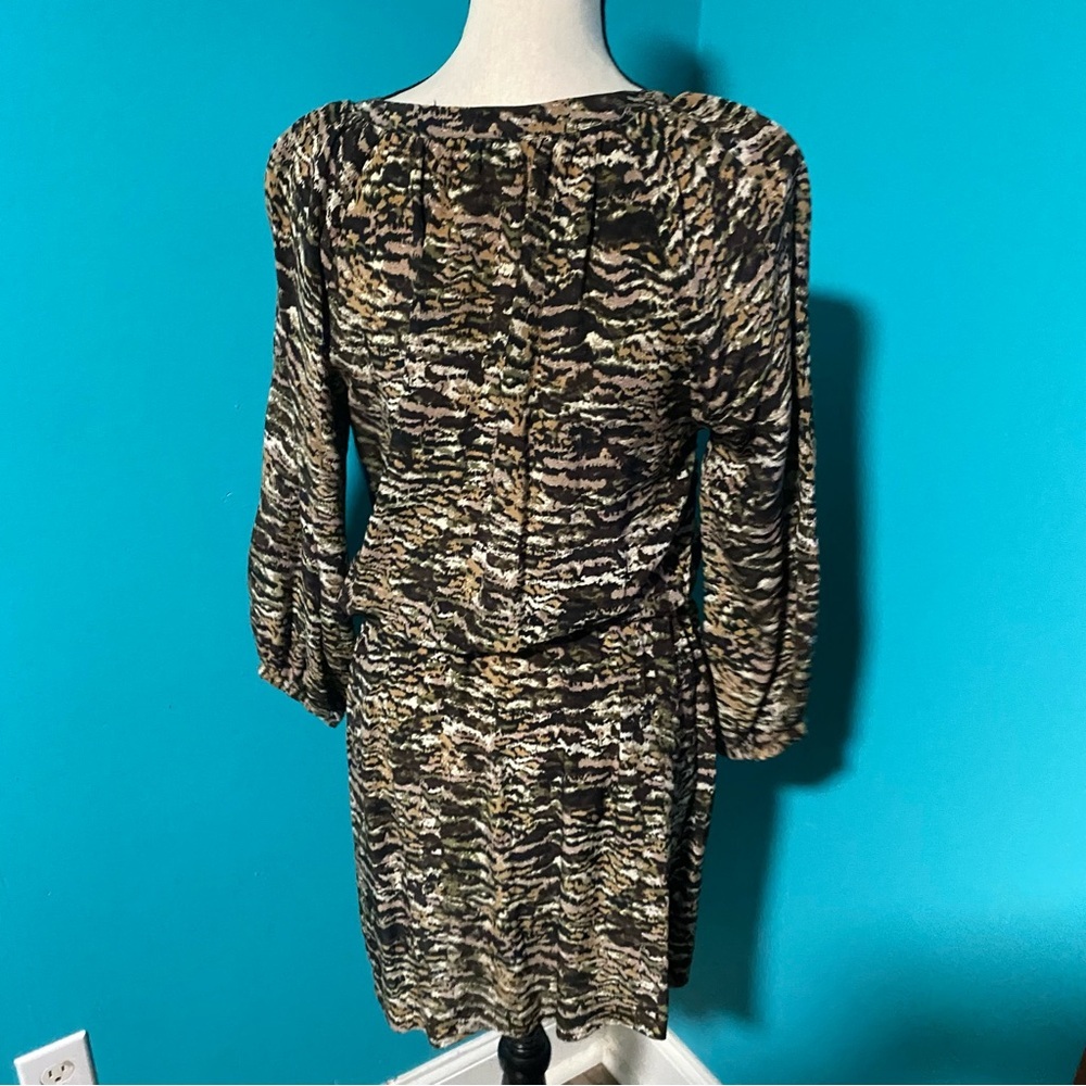 Joie S Brown Print 100% Silk Surplice Neck Long Sleeve Mini Dress - Picture 6 of 7